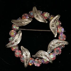 Vintage Jay Flex Pink Aurora Borealis Filigree Wreath Brooch